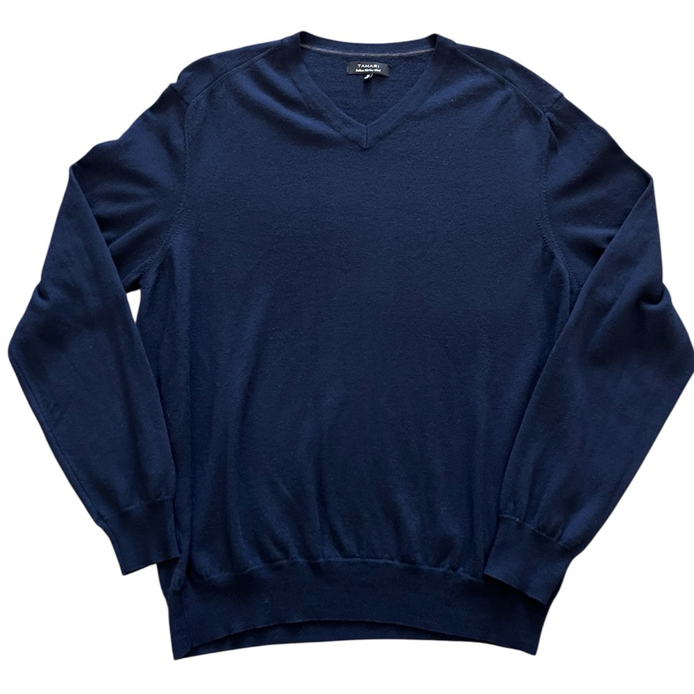 Tahari Men’s Extra Fine Merino Wool Navy V Neck Sweater | Size XL